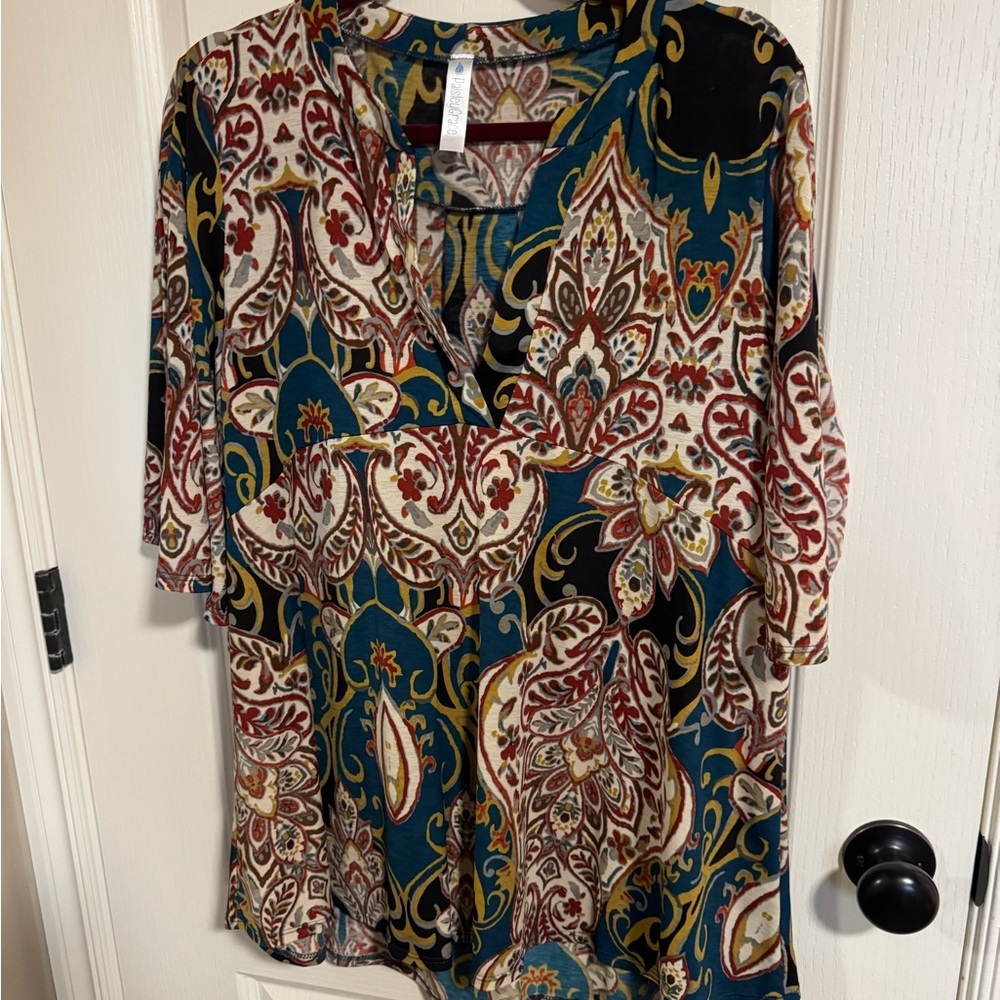 Paisley Grace Boutique Boho Medallion Tunic Blouse High-Low Hem